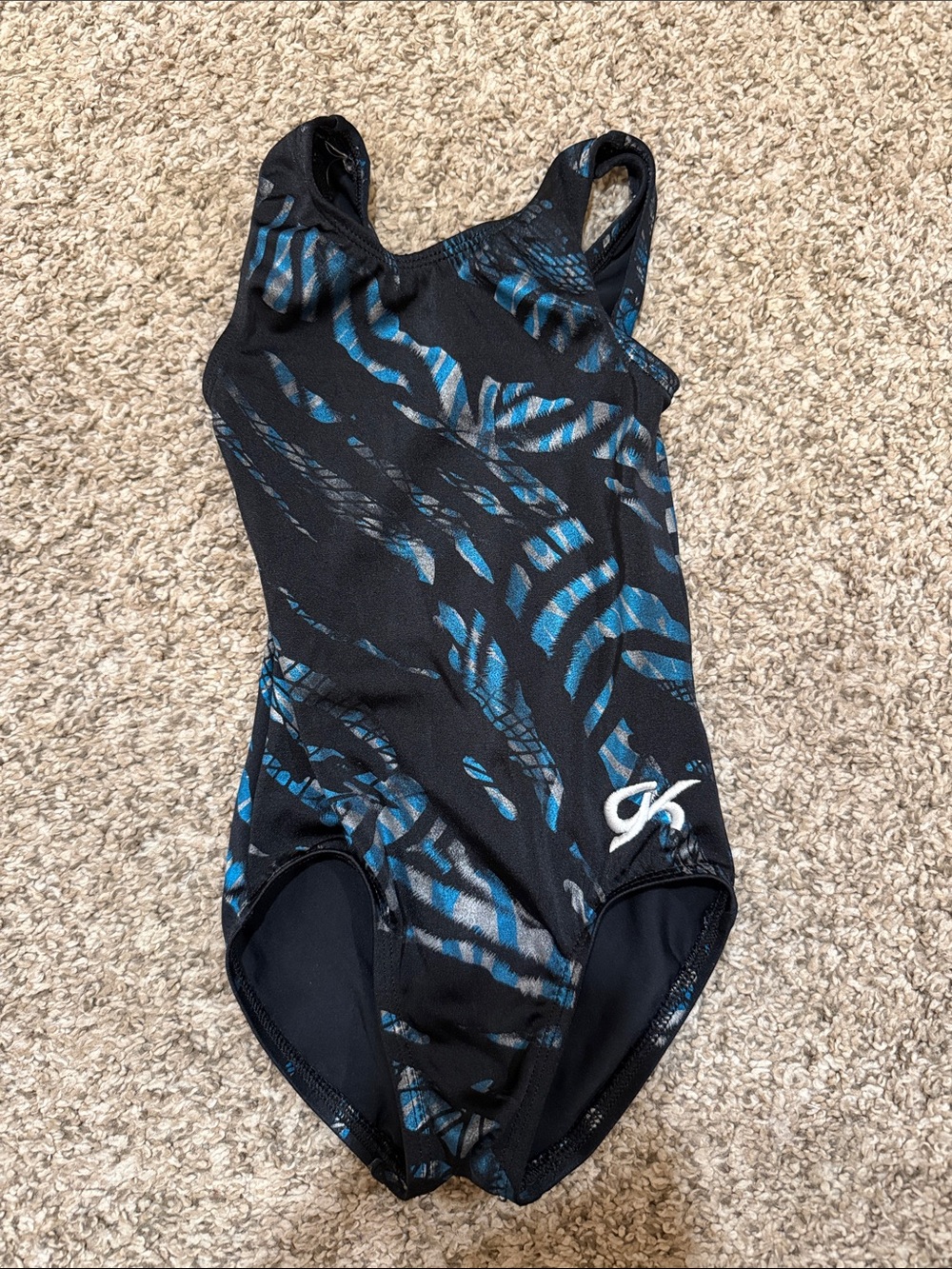 GK Black with Blue Pattern gymnastics leotard